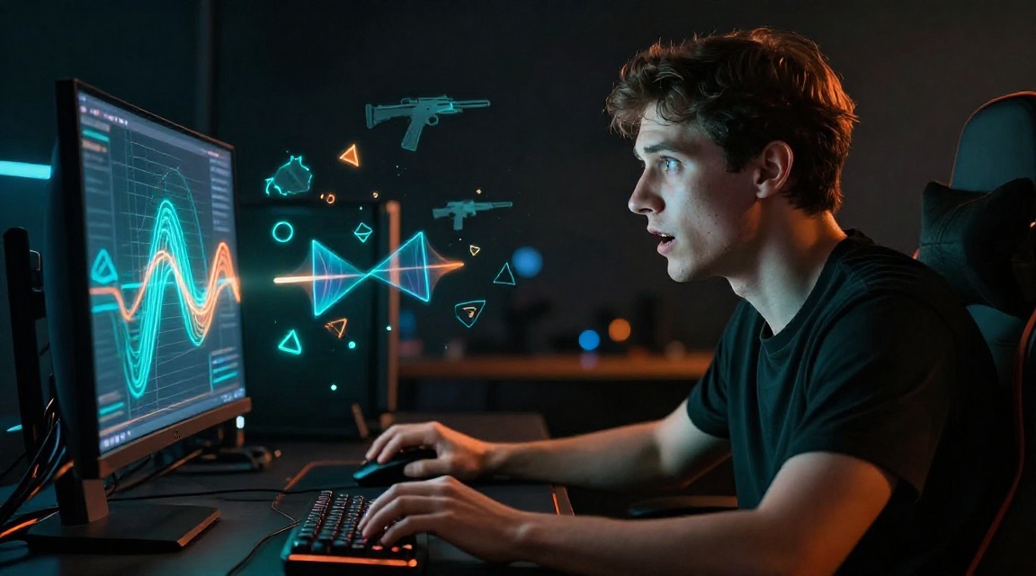 Молодой геймер за игровым компьютером в момент открытия кейса CS2, лицо освещено неоновым свечением монитора, напряжённое предвкушение