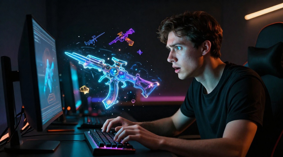 Молодой геймер за игровым компьютером в момент открытия кейса CS2, неоновое cyan и оранжевое освещение, лицо выражает напряженное ожидание и азарт